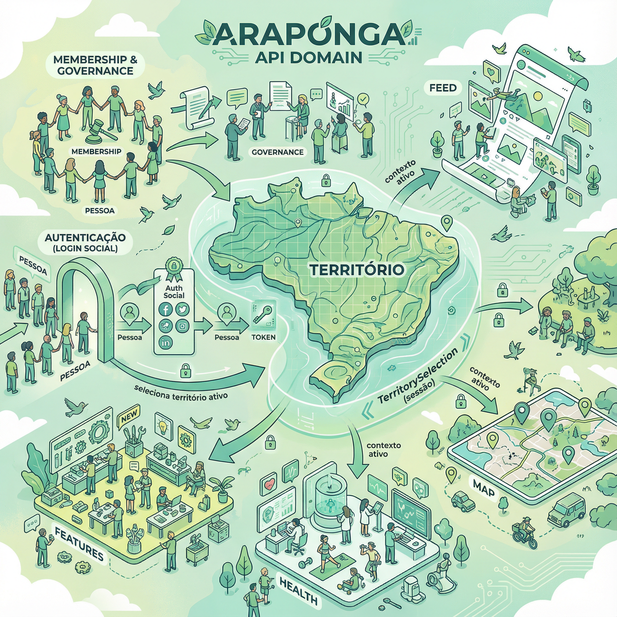 Diagrama isométrico do Domínio API Araponga - mostrando TERRITÓRIO no centro com conexões para FEED, MAP, HEALTH, FEATURES, MEMBERSHIP & GOVERNANCE, e AUTENTICAÇÃO